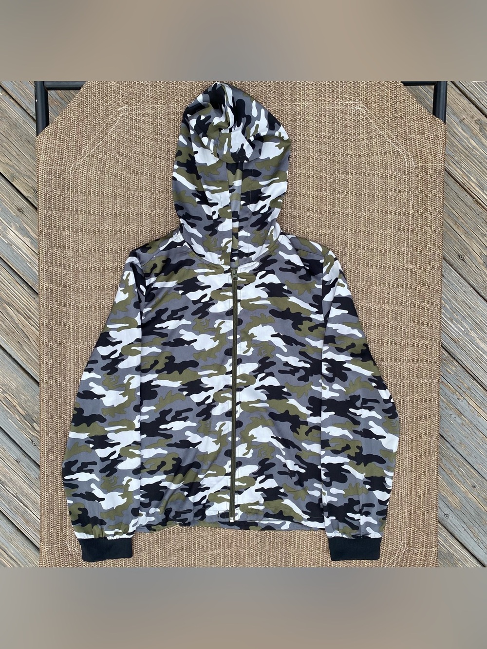 Massini Women's Gray Olive Green Camo Full Zip Hoodie Jacket Large